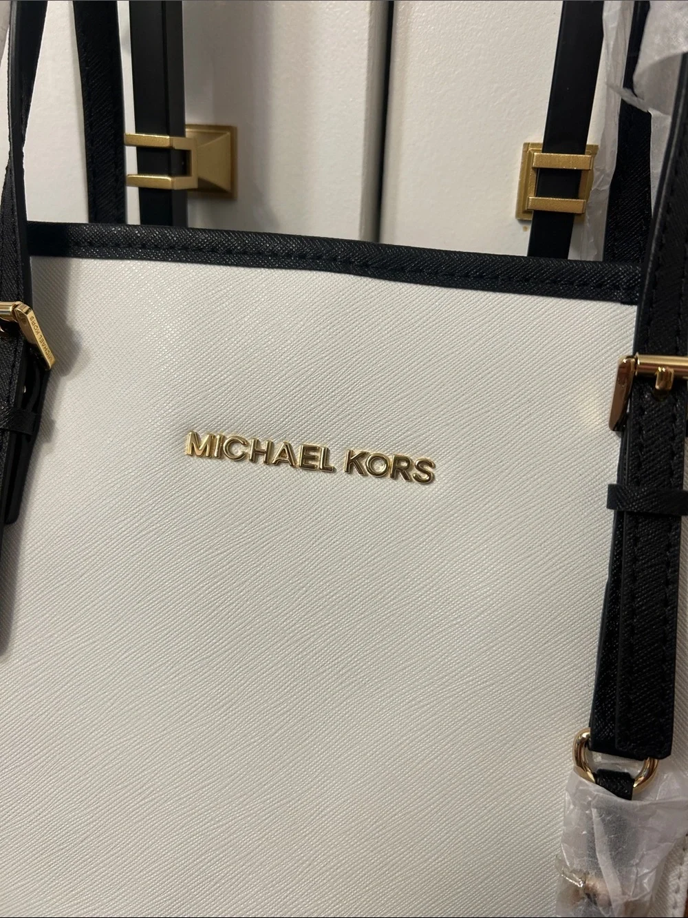 Michael Kors Two-Tone Saffiano Leather Tote in Brown, White and Black Trim